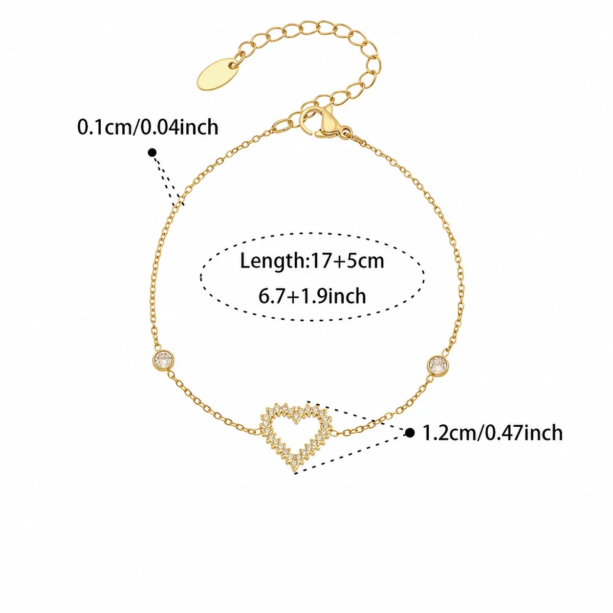 Delicate Heart CZ Stainless Steel Cable Bracelet - Gold Heart CZ 17+5 cm