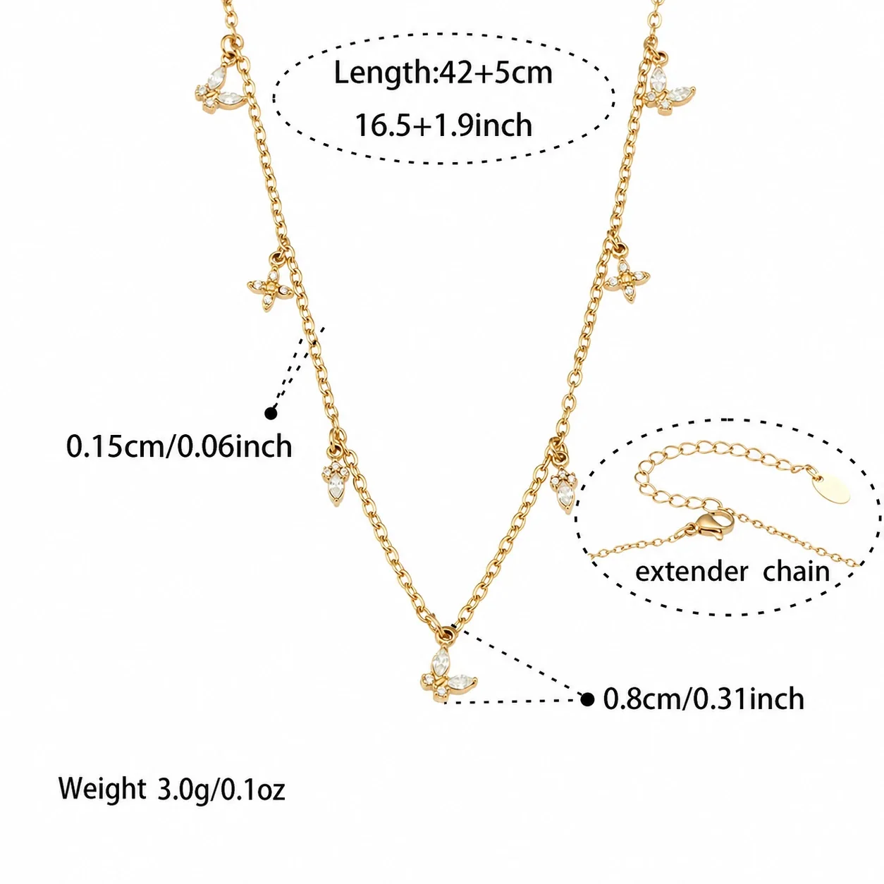 Delicate Heart CZ Stainless Steel Cable Bracelet - Gold CZ Charm 42+5 cm