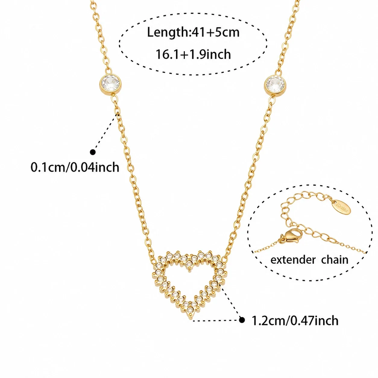 Delicate Heart CZ Stainless Steel Cable Bracelet - Gold Heart CZ 41+5 cm