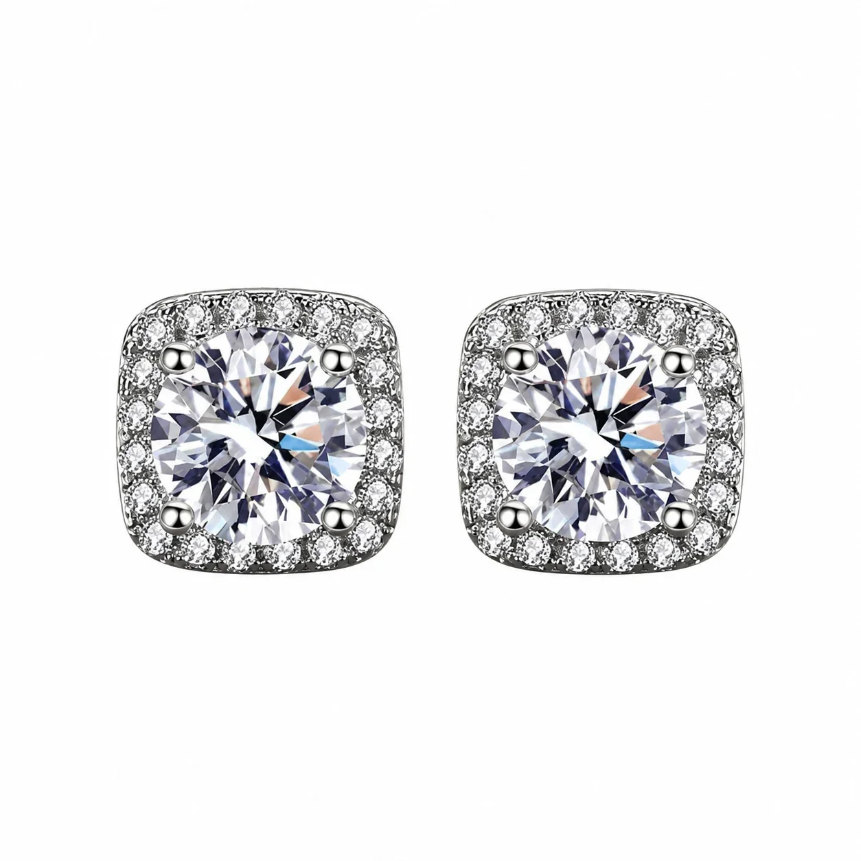 Pendientes de botón Cushion Halo con moissanita redonda en plata 925