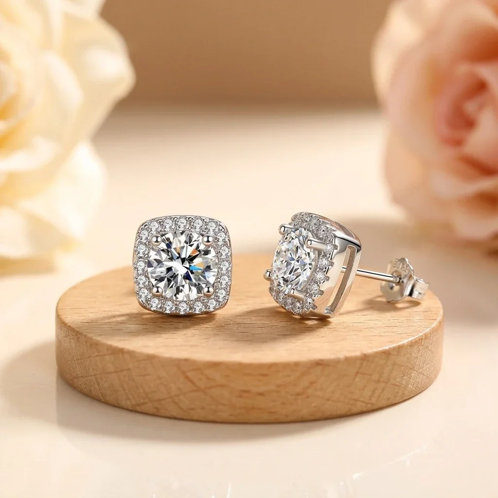 Cushion Halo Round Moissanite 925 Sterling Silver Stud Earrings
