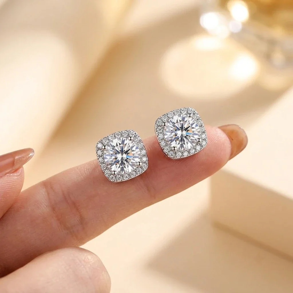 Cushion Halo Round Moissanite 925 Sterling Silver Stud Earrings