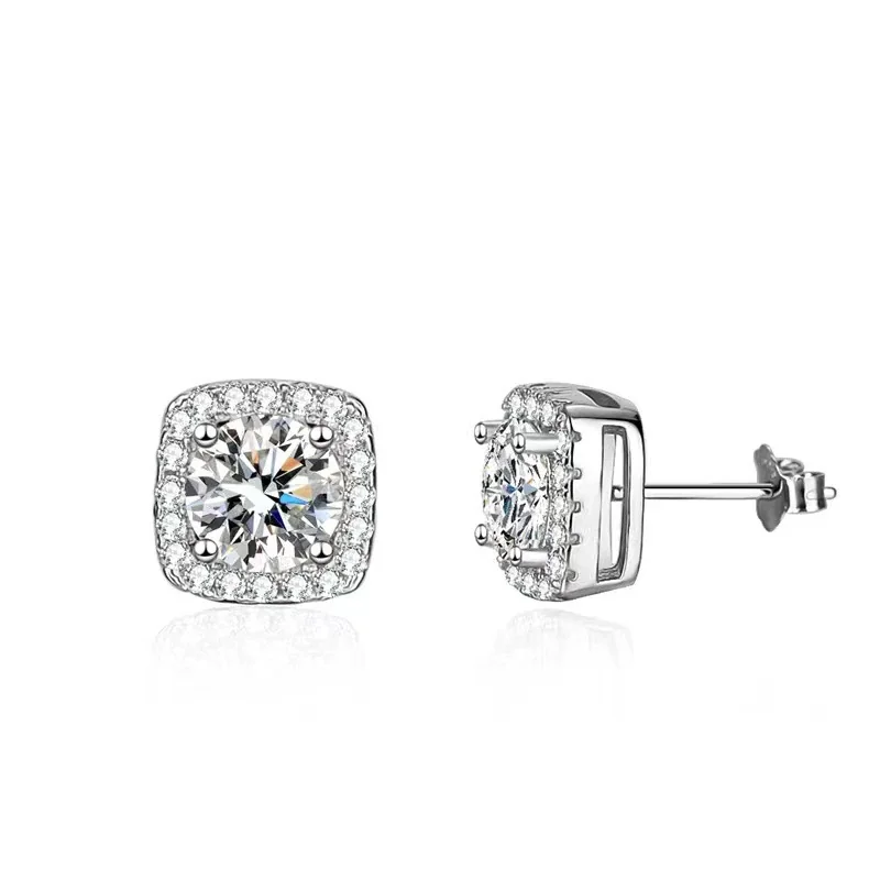 Cushion Halo Round Moissanite 925 Sterling Silver Stud Earrings