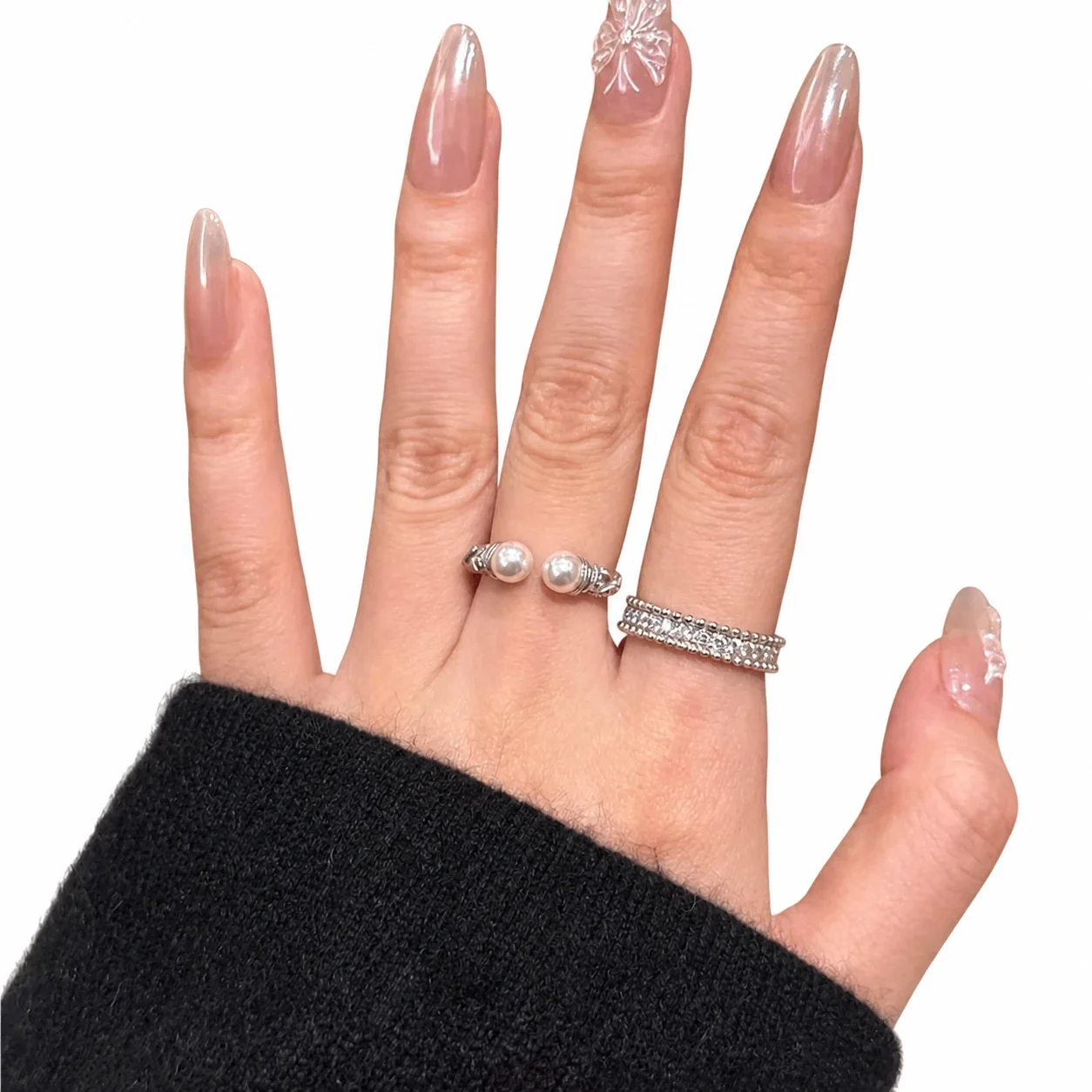Refined Silver-Plated Twisted Band Twin Pearl Open Ring