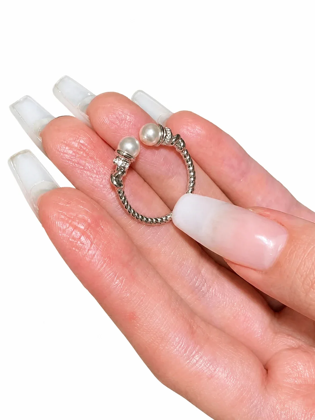 Refined Silver-Plated Twisted Band Twin Pearl Open Ring - Silver Twisted Pearl Open