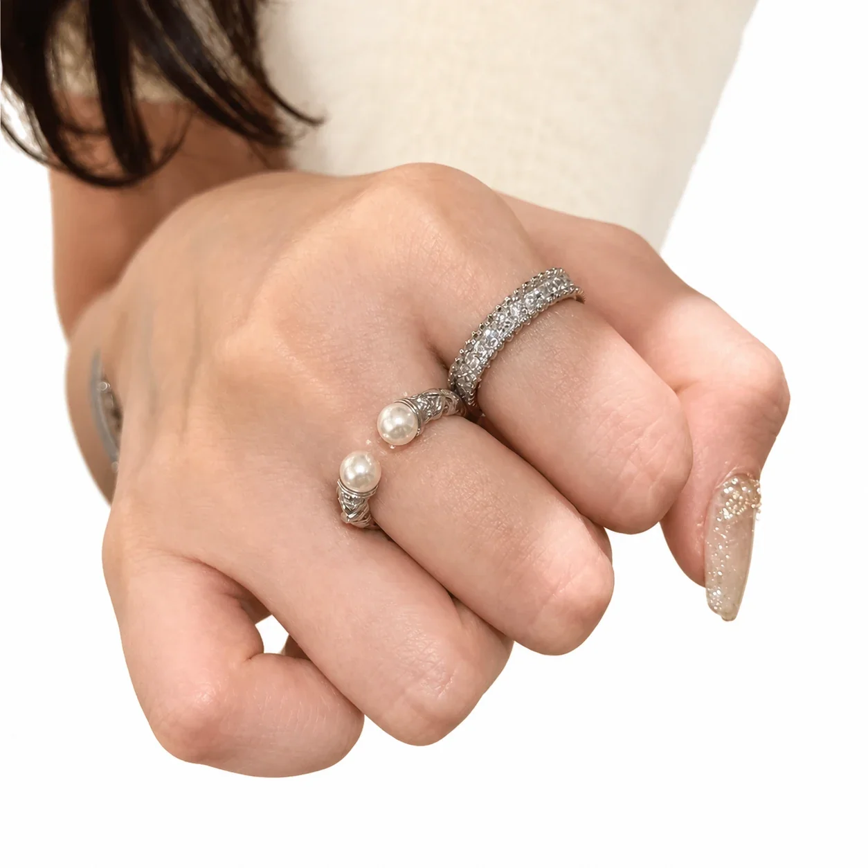 Refined Silver-Plated Twisted Band Twin Pearl Open Ring - Silver Pavé Wide Open