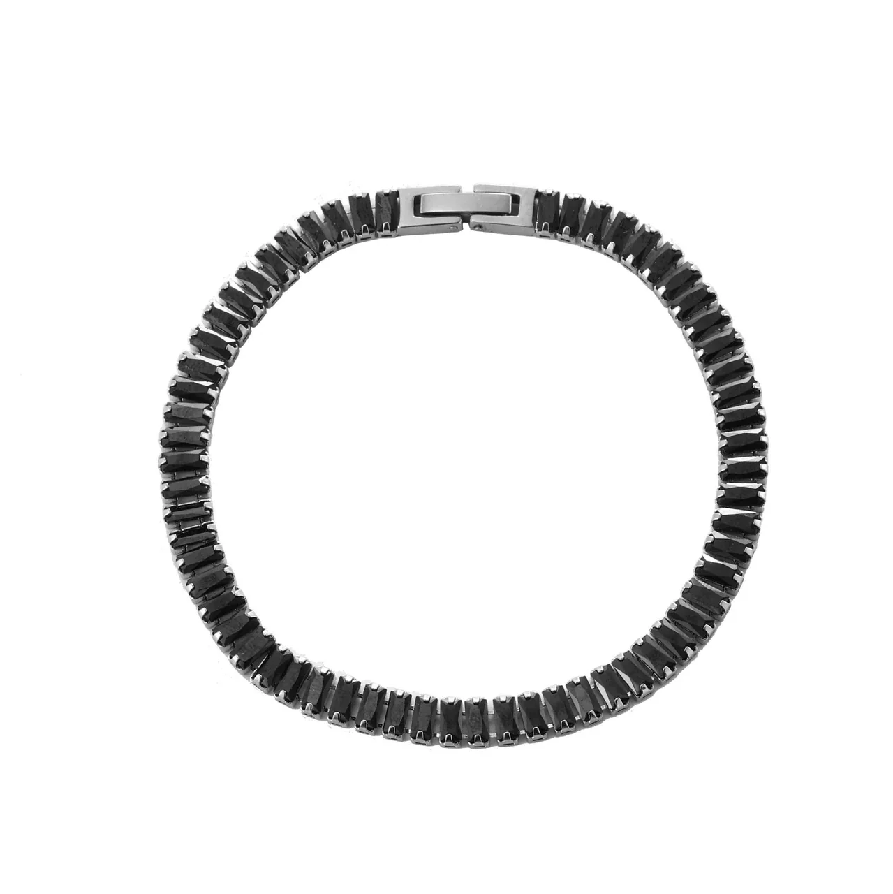 Geometric Stainless Steel Baguette Stone Tennis Bracelet - Steel Black Cubic Zirconia
