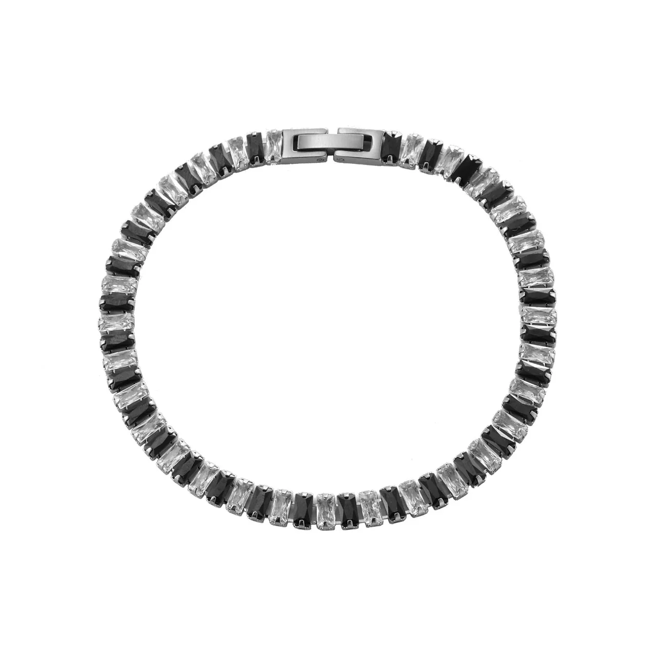 Geometric Stainless Steel Baguette Stone Tennis Bracelet - Steel Black and Clear Cubic Zirconia