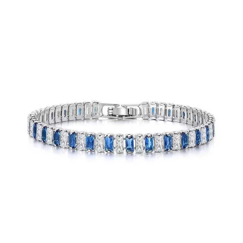 Geometric Stainless Steel Baguette Stone Tennis Bracelet - Steel Blue and Clear Cubic Zirconia