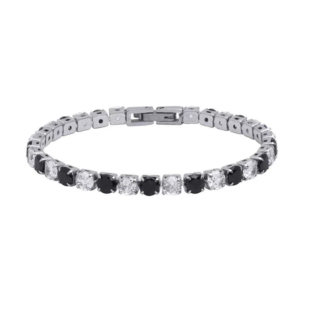 Geometric Stainless Steel Baguette Stone Tennis Bracelet - Steel Black and Clear Cubic Zirconia, Prong