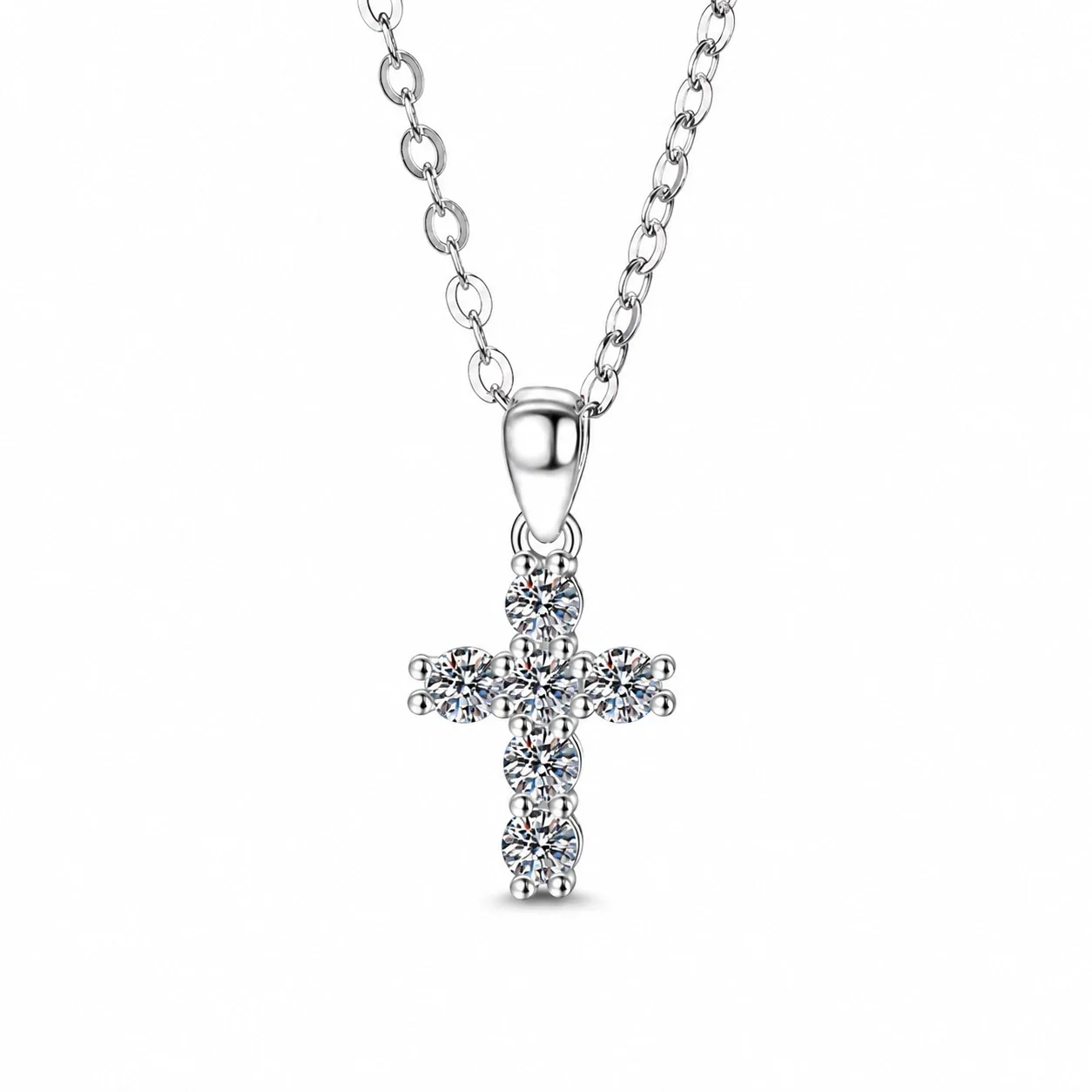 Petite 925 Sterling Silver Cross Prong-Set Moissanite Necklace - Silver Moissanite