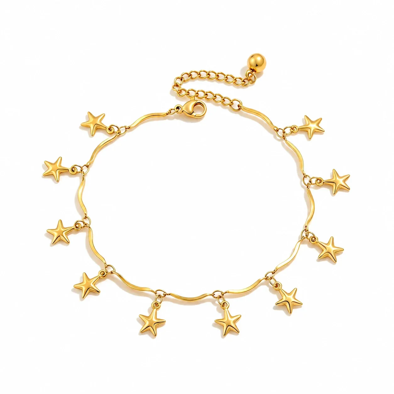 Celestial Gold-Tone Star Charm Wavy Chain Anklet
