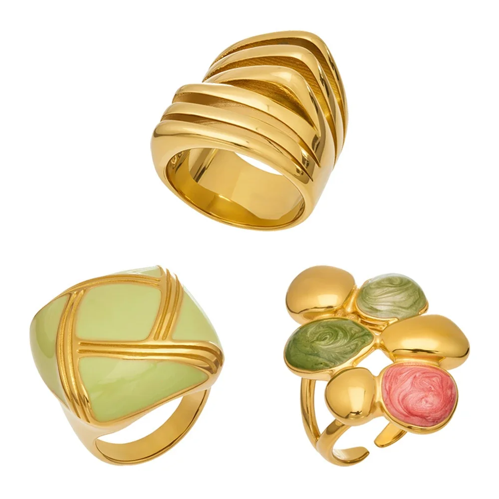 Bold Gold-Plated Ribbed Dome Enamel Stainless Steel Ring