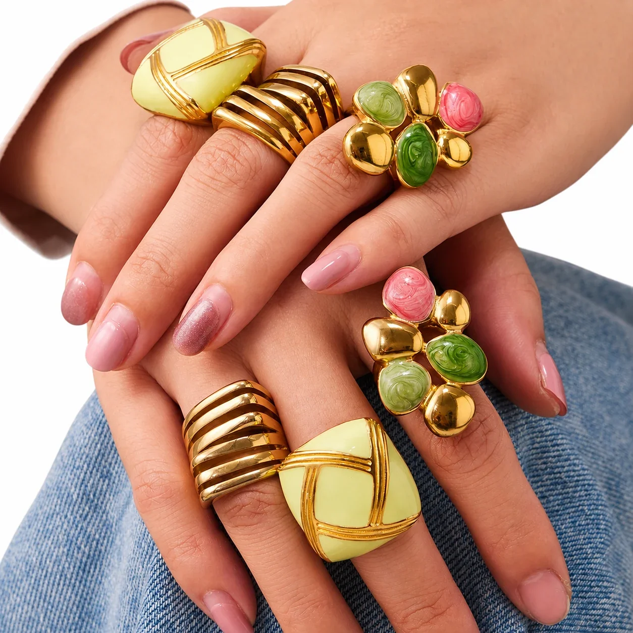 Bold Gold-Plated Ribbed Dome Enamel Stainless Steel Ring
