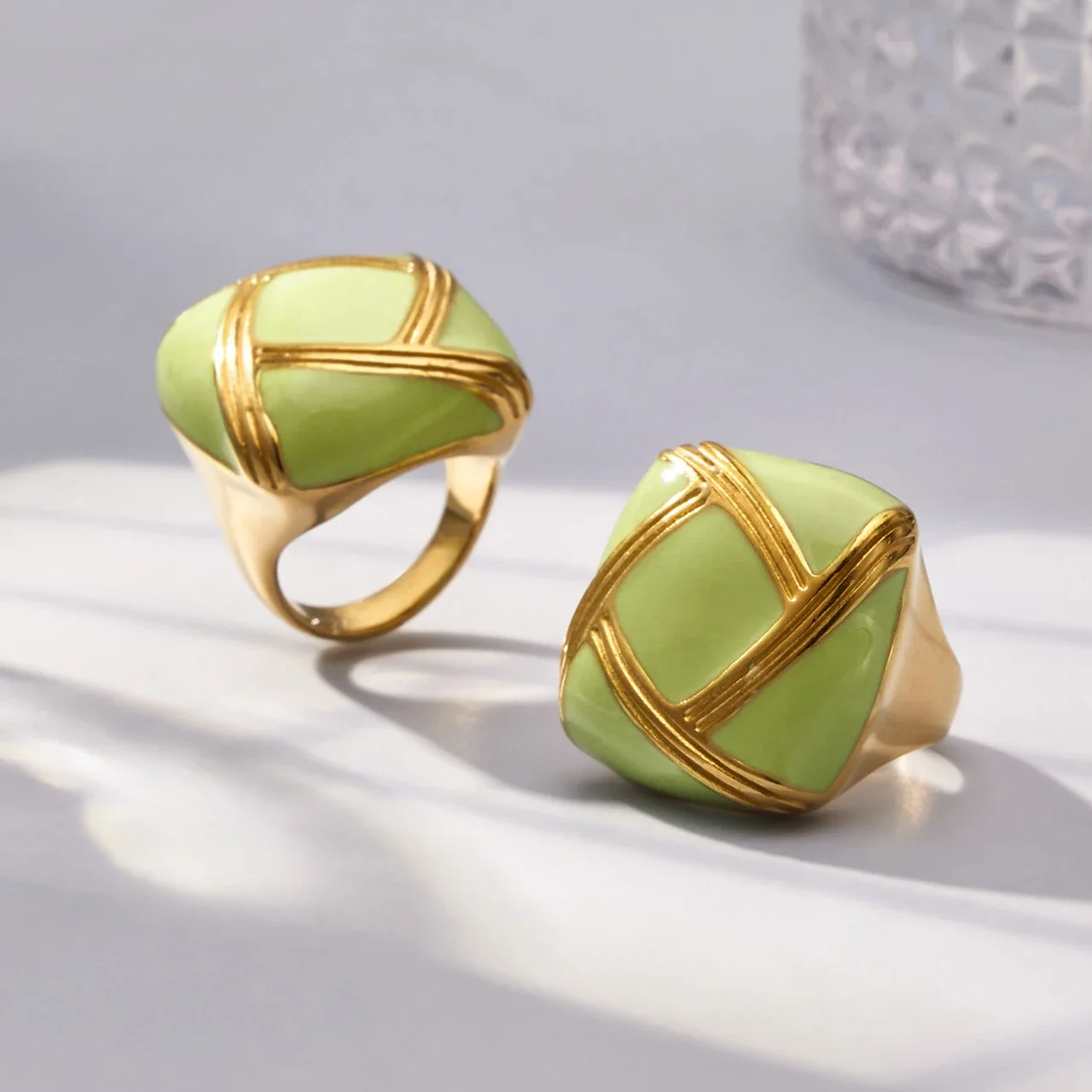 Bold Gold-Plated Ribbed Dome Enamel Stainless Steel Ring