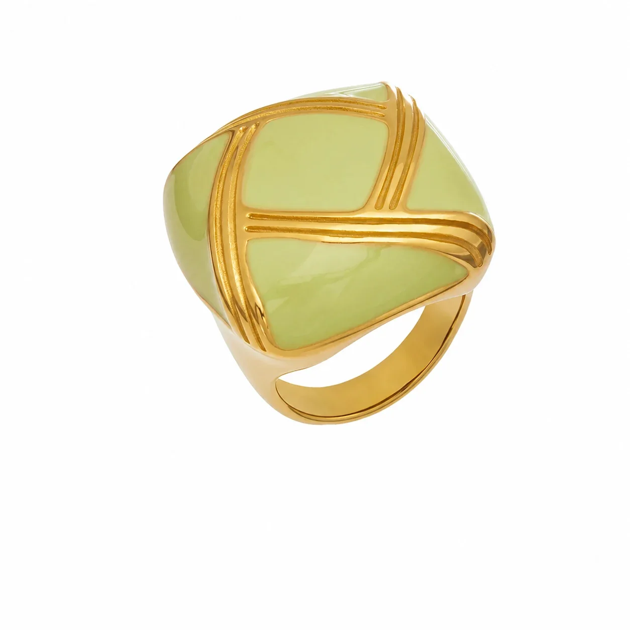 Bold Gold-Plated Ribbed Dome Enamel Stainless Steel Ring - Gold Green Enamel Signet