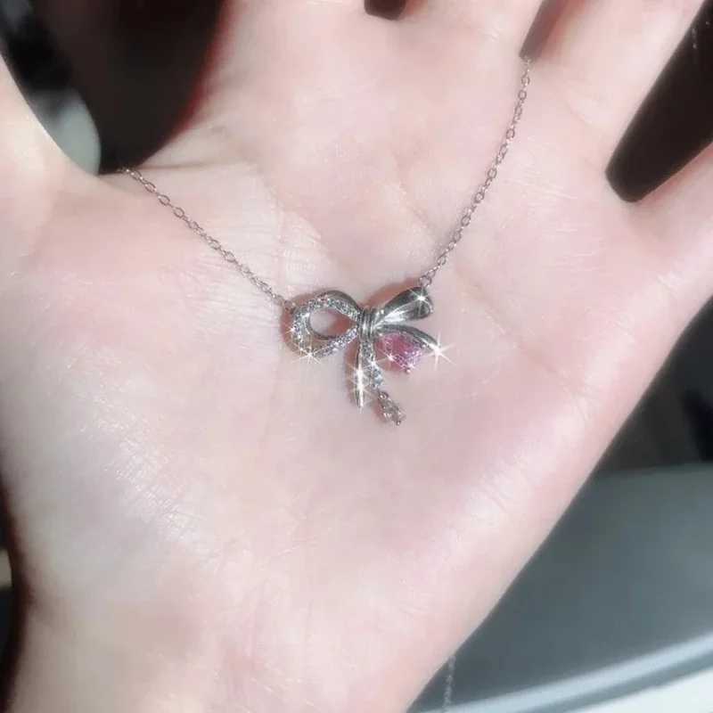 Delicate Bow 925 Sterling Silver Pink Teardrop Pendant Necklace