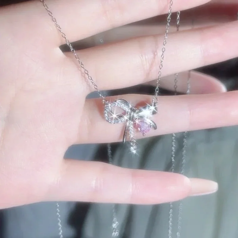 Delicate Bow 925 Sterling Silver Pink Teardrop Pendant Necklace