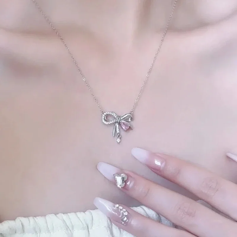 Delicate Bow 925 Sterling Silver Pink Teardrop Pendant Necklace