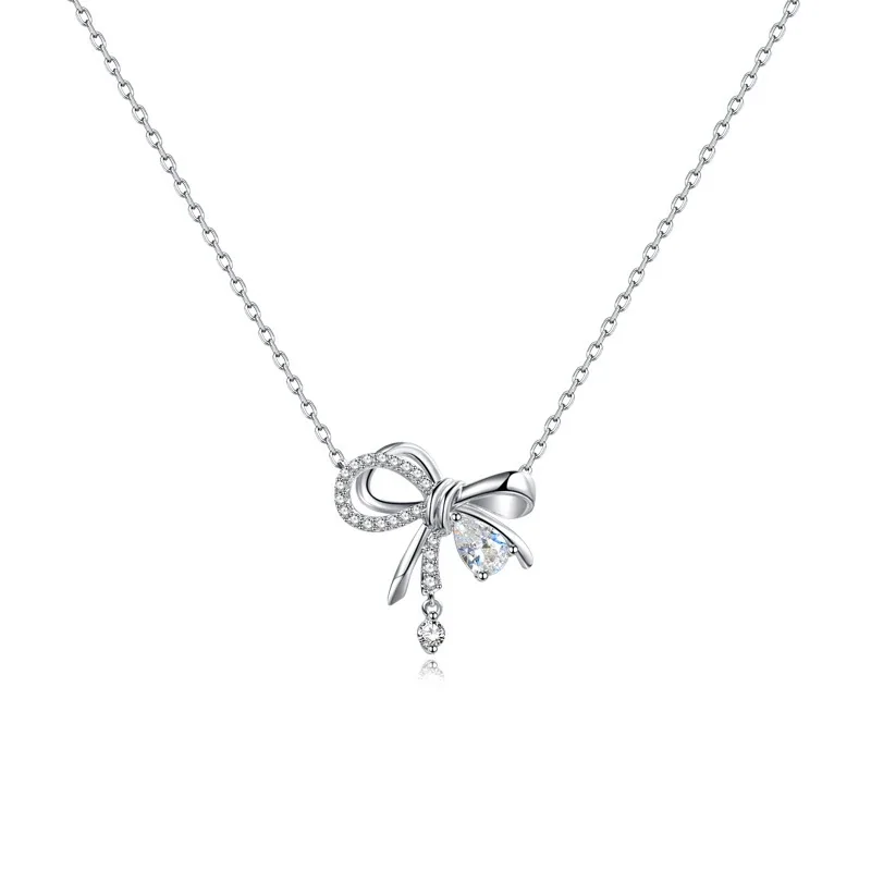 Delicate Bow 925 Sterling Silver Pink Teardrop Pendant Necklace - Silver Clear Crystal