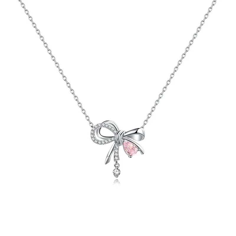 Delicate Bow 925 Sterling Silver Pink Teardrop Pendant Necklace - Silver Pink Crystal