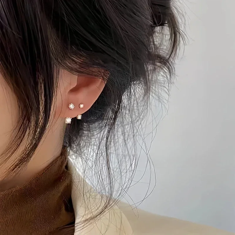 Geometric 925 Sterling Silver Dual-Stone Stud Earrings