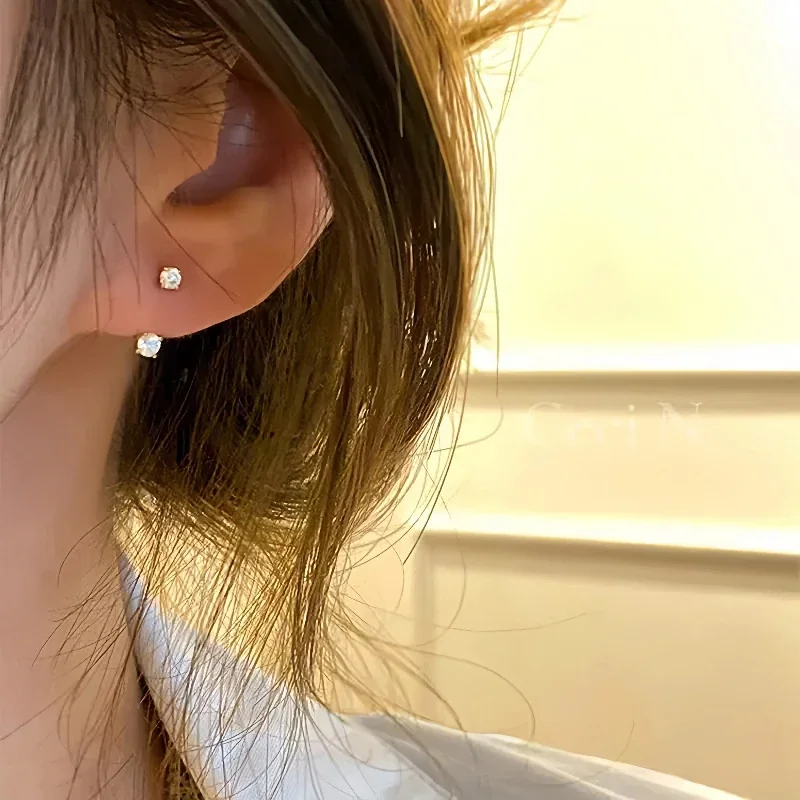 Geometric 925 Sterling Silver Dual-Stone Stud Earrings