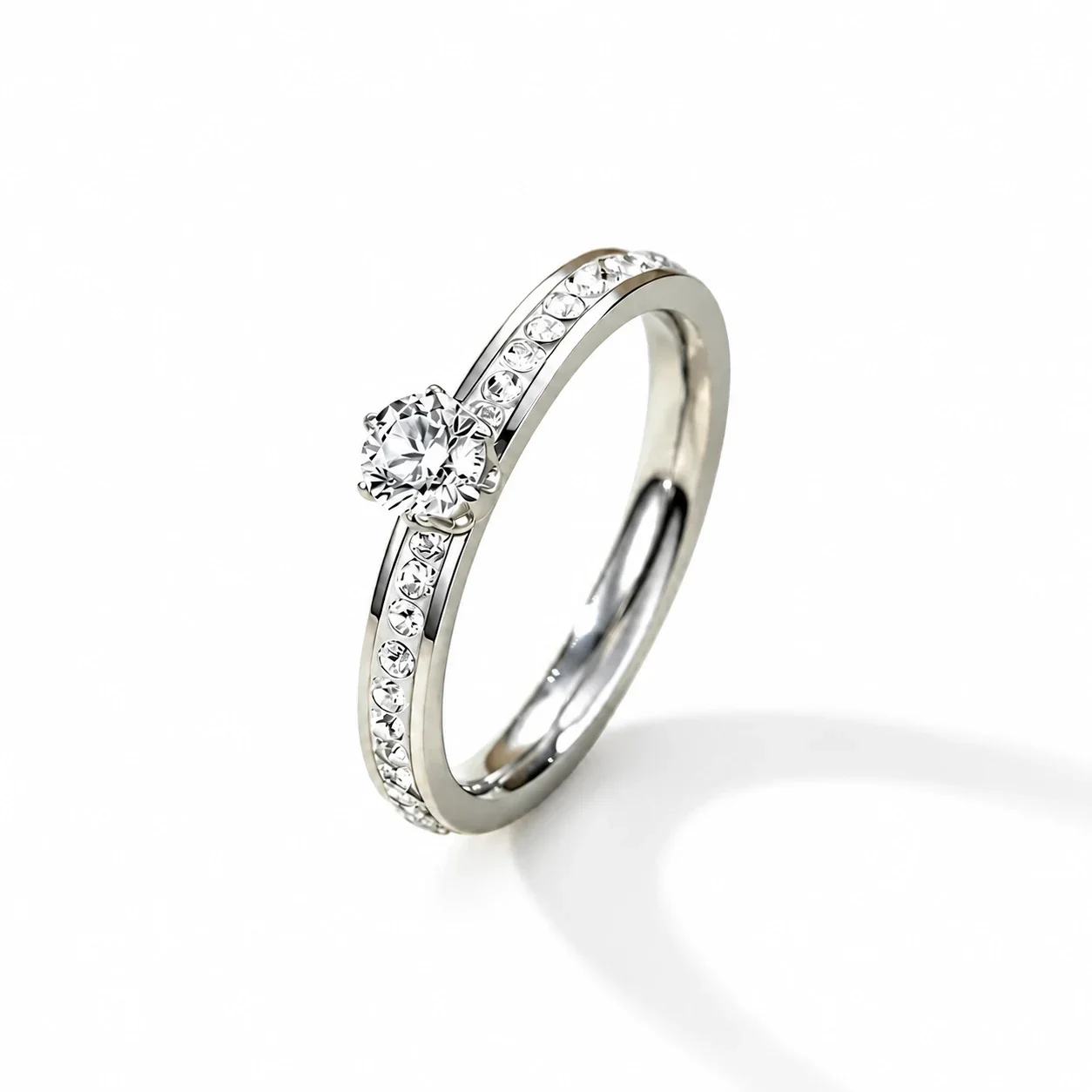 Prong-Set Round Cubic Zirconia Pavé Stainless Steel Ring