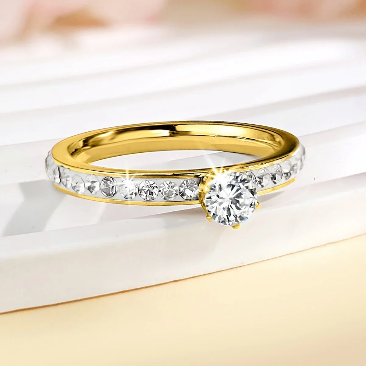 Prong-Set Round Cubic Zirconia Pavé Stainless Steel Ring