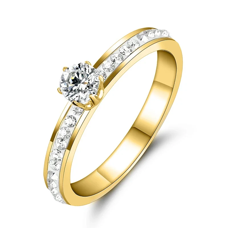 Prong-Set Round Cubic Zirconia Pavé Stainless Steel Ring - Gold