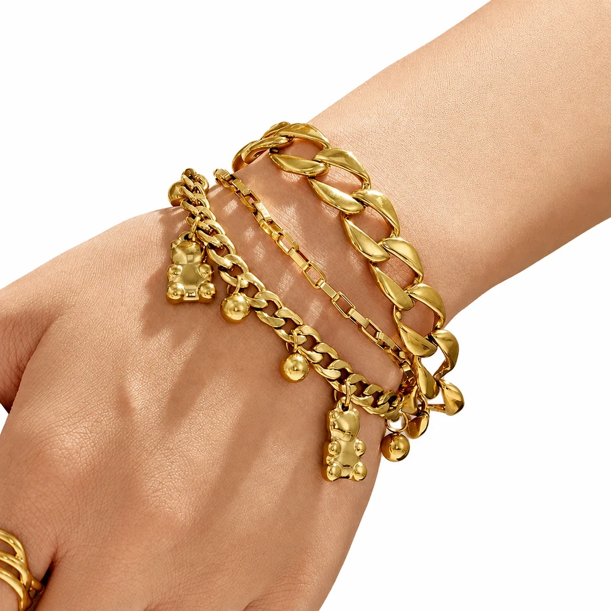 Playful Gold-Plated Cuban Chain Teddy Charm Bracelet