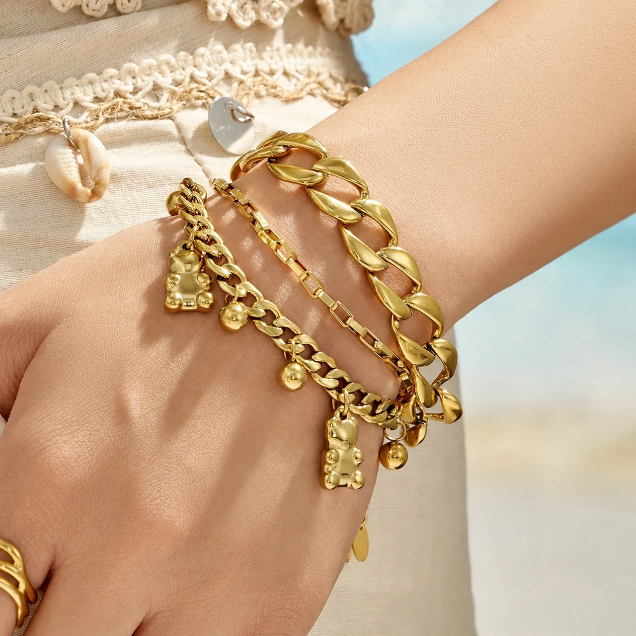 Playful Gold-Plated Cuban Chain Teddy Charm Bracelet