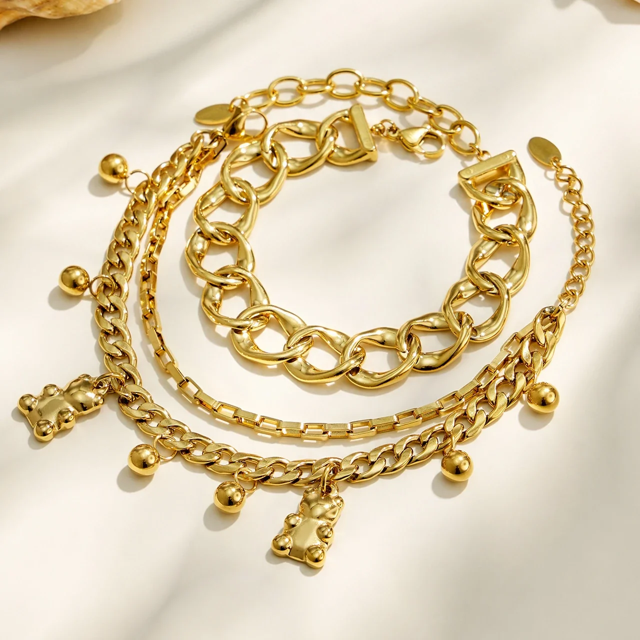 Playful Gold-Plated Cuban Chain Teddy Charm Bracelet