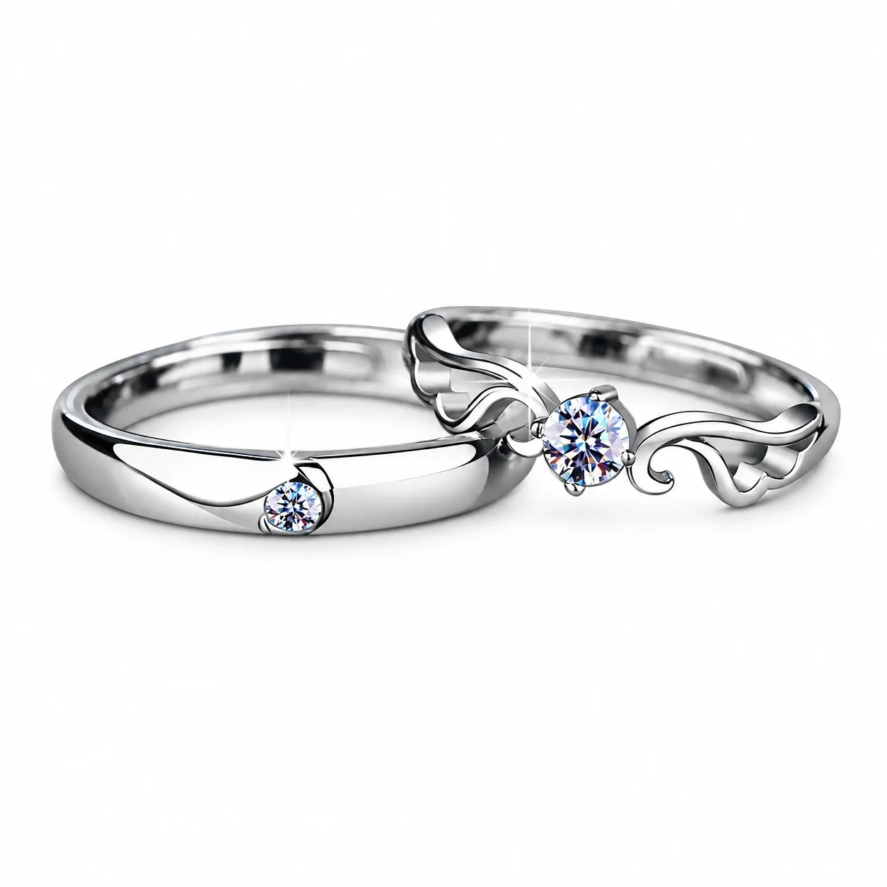 Winged 925 Sterling Silver Prong-Set Round Moissanite Rings