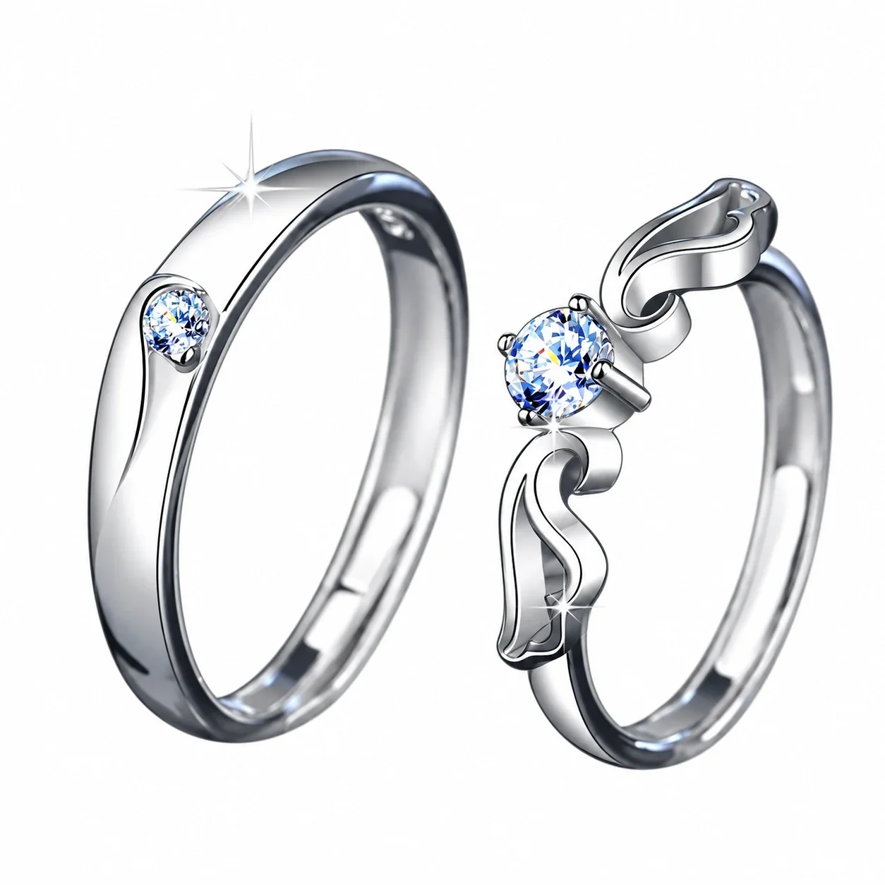 Winged 925 Sterling Silver Prong-Set Round Moissanite Rings