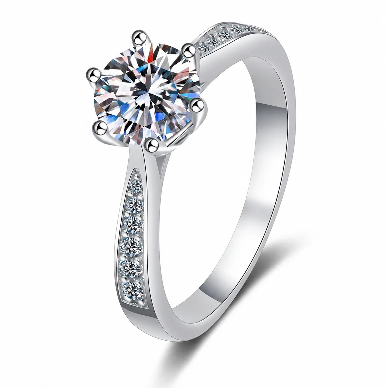 Refined 925 Sterling Silver Round Six-Prong Pavé Ring