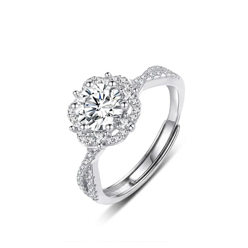Floral Halo 925 Sterling Silver Moissanite Open Ring