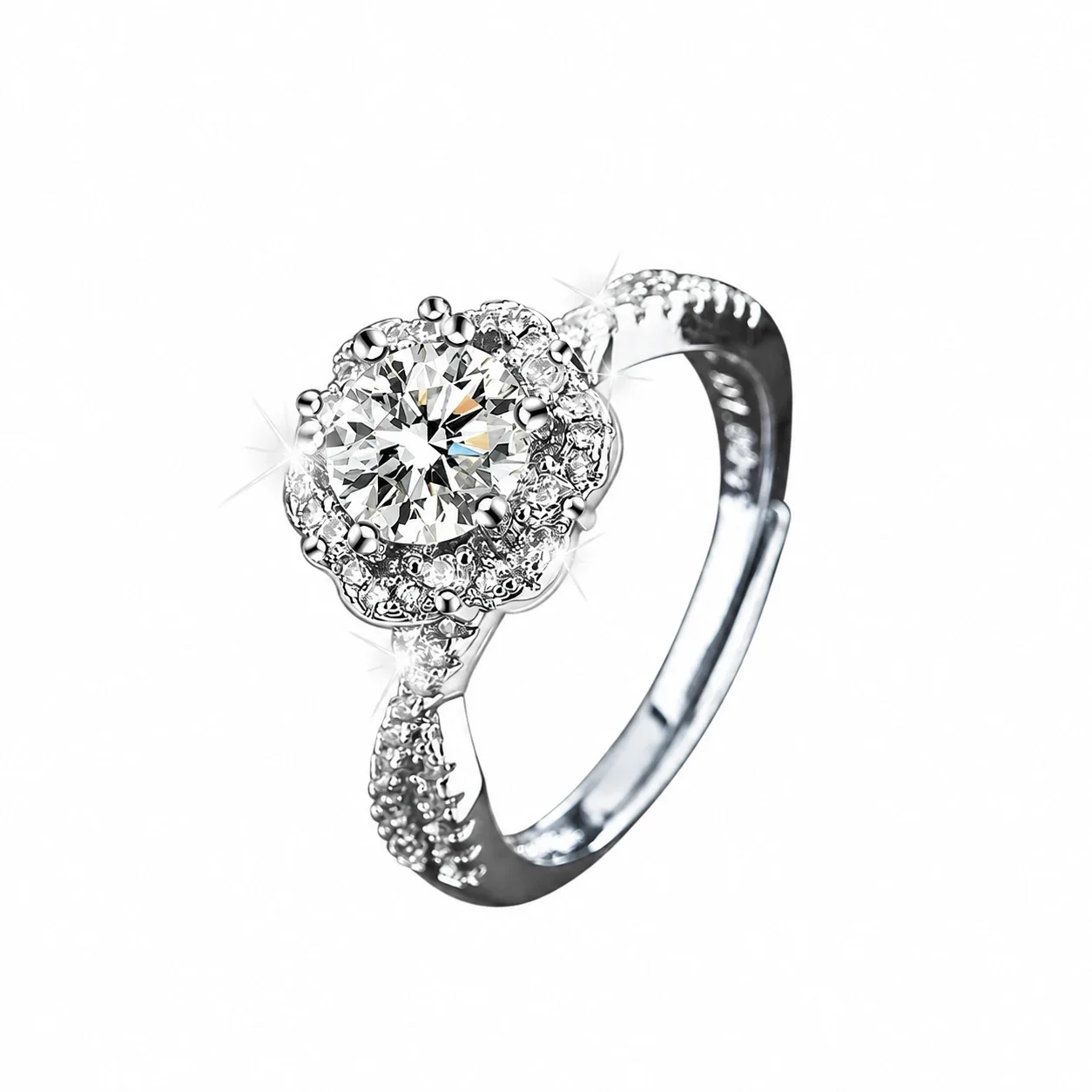 Floral Halo 925 Sterling Silver Moissanite Open Ring