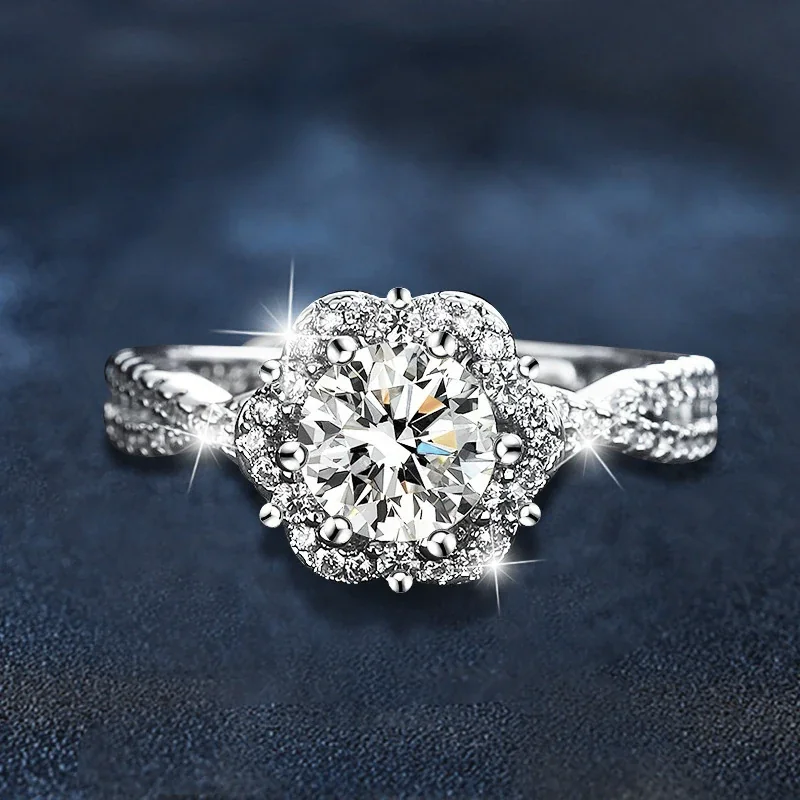 Floral Halo 925 Sterling Silver Moissanite Open Ring