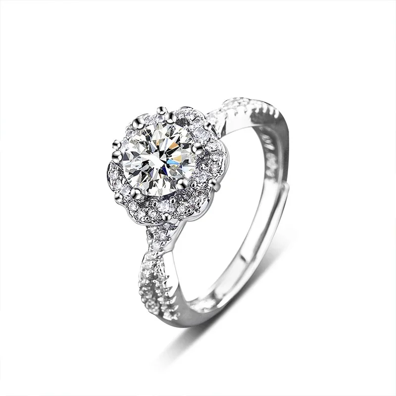 Floral Halo 925 Sterling Silver Moissanite Open Ring - Silver
