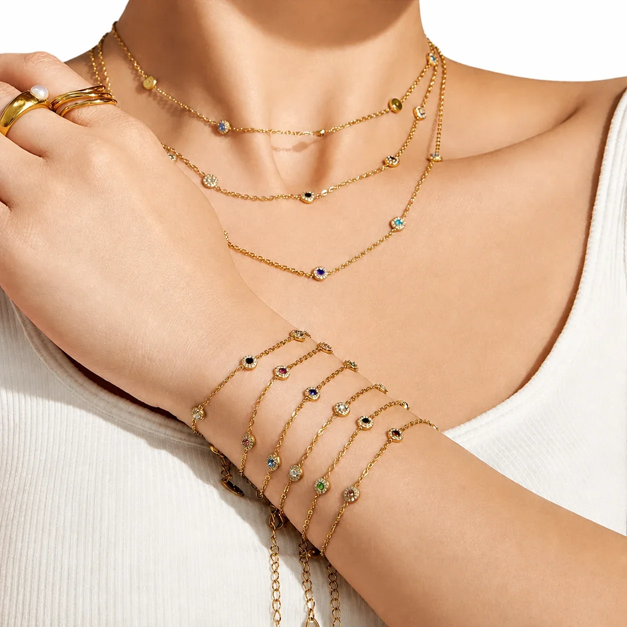 Delicate 18K Gold-Plated Round CZ Station Chain Bracelet
