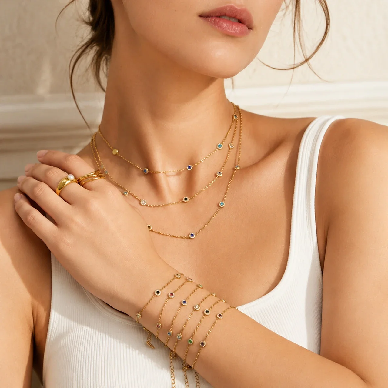Delicate 18K Gold-Plated Round CZ Station Chain Bracelet