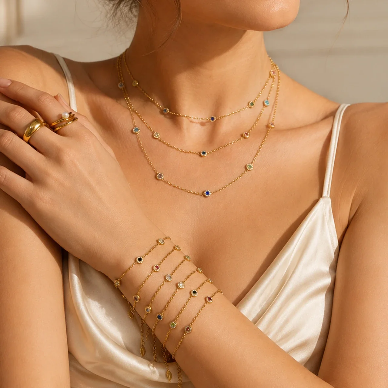 Delicate 18K Gold-Plated Round CZ Station Chain Bracelet