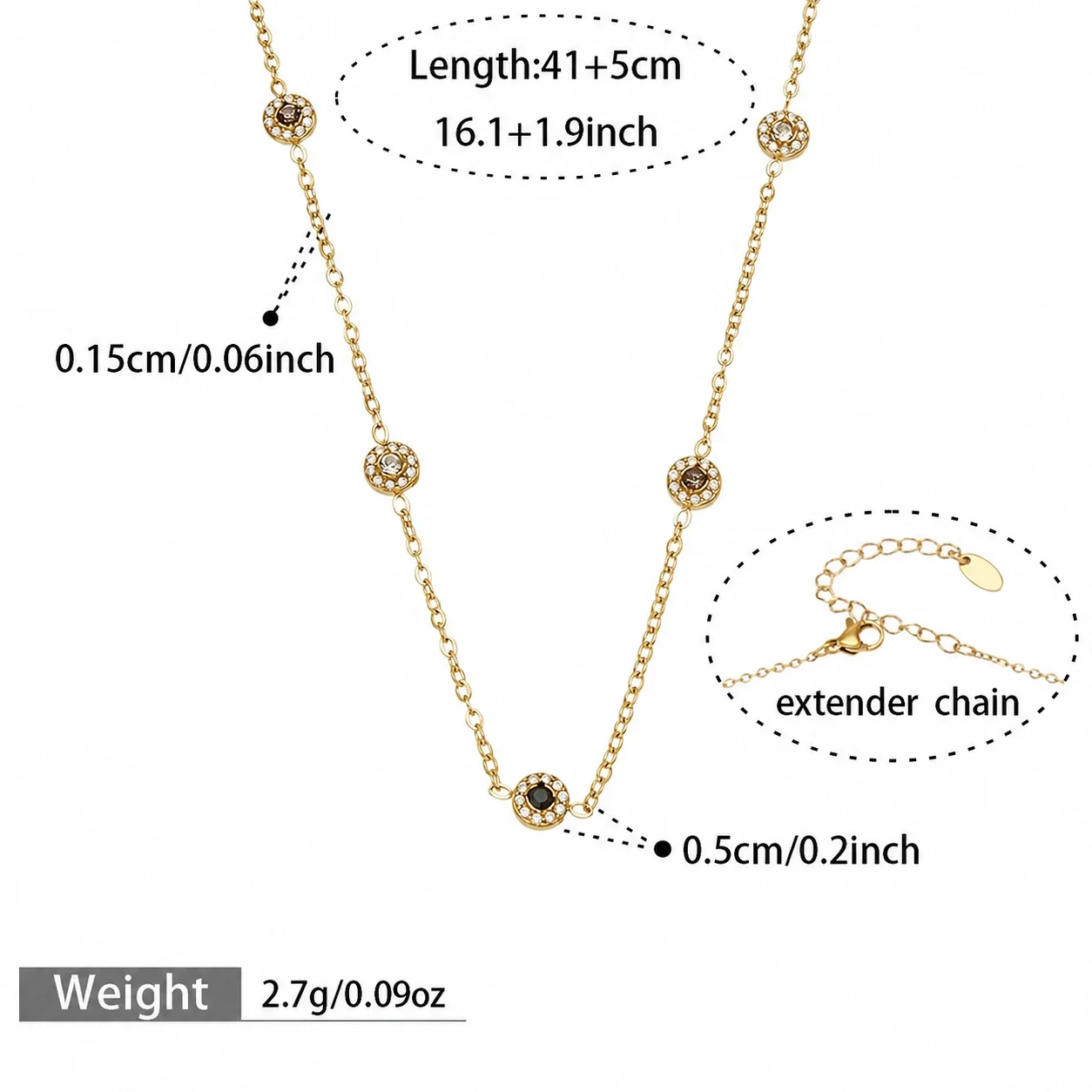Delicate 18K Gold-Plated Round CZ Station Chain Bracelet - Gold Black CZ 41+5 cm