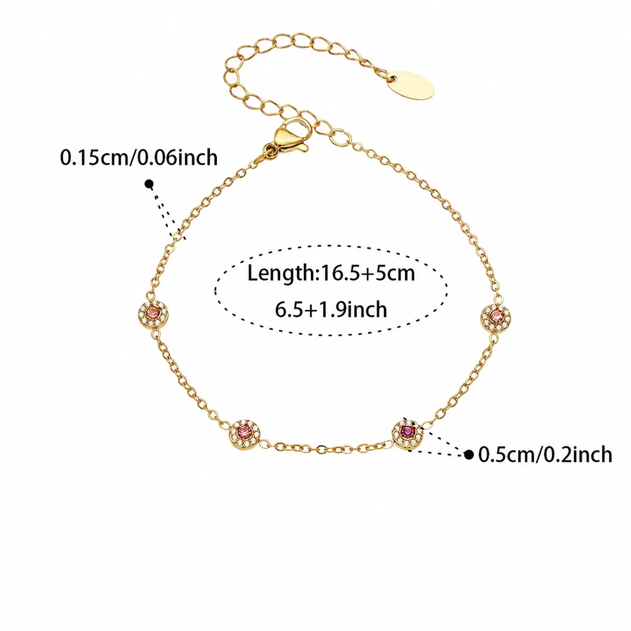 Delicate 18K Gold-Plated Round CZ Station Chain Bracelet - Gold Pink CZ 16.5+5 cm