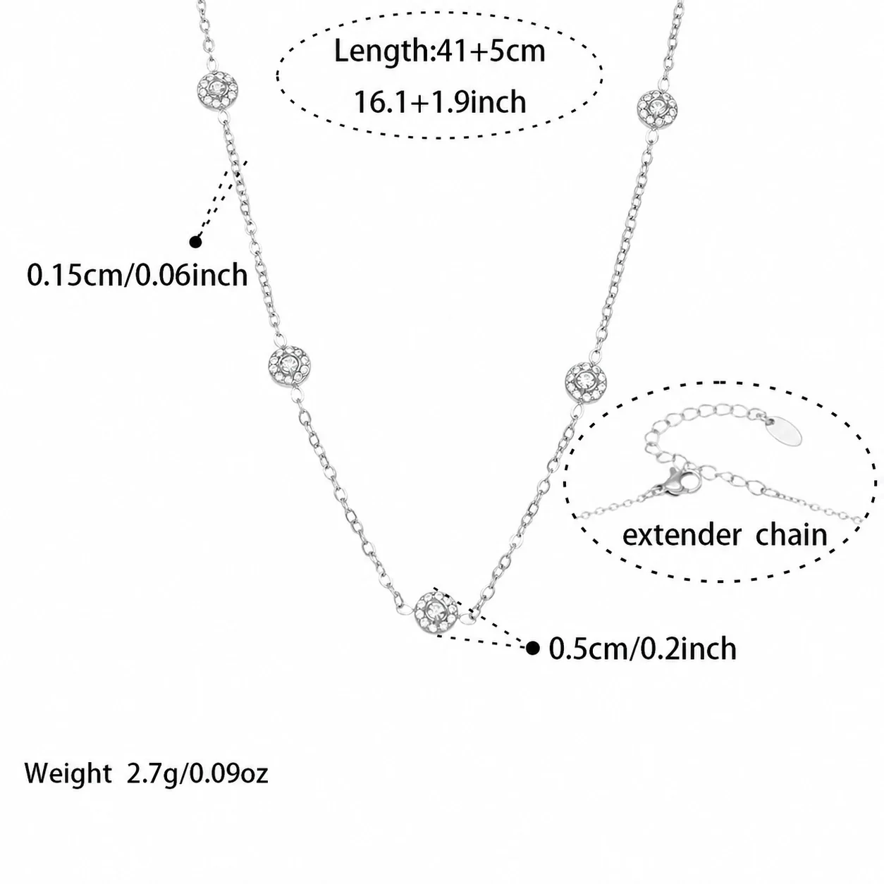 Delicate 18K Gold-Plated Round CZ Station Chain Bracelet - Silver Clear CZ 41+5 cm