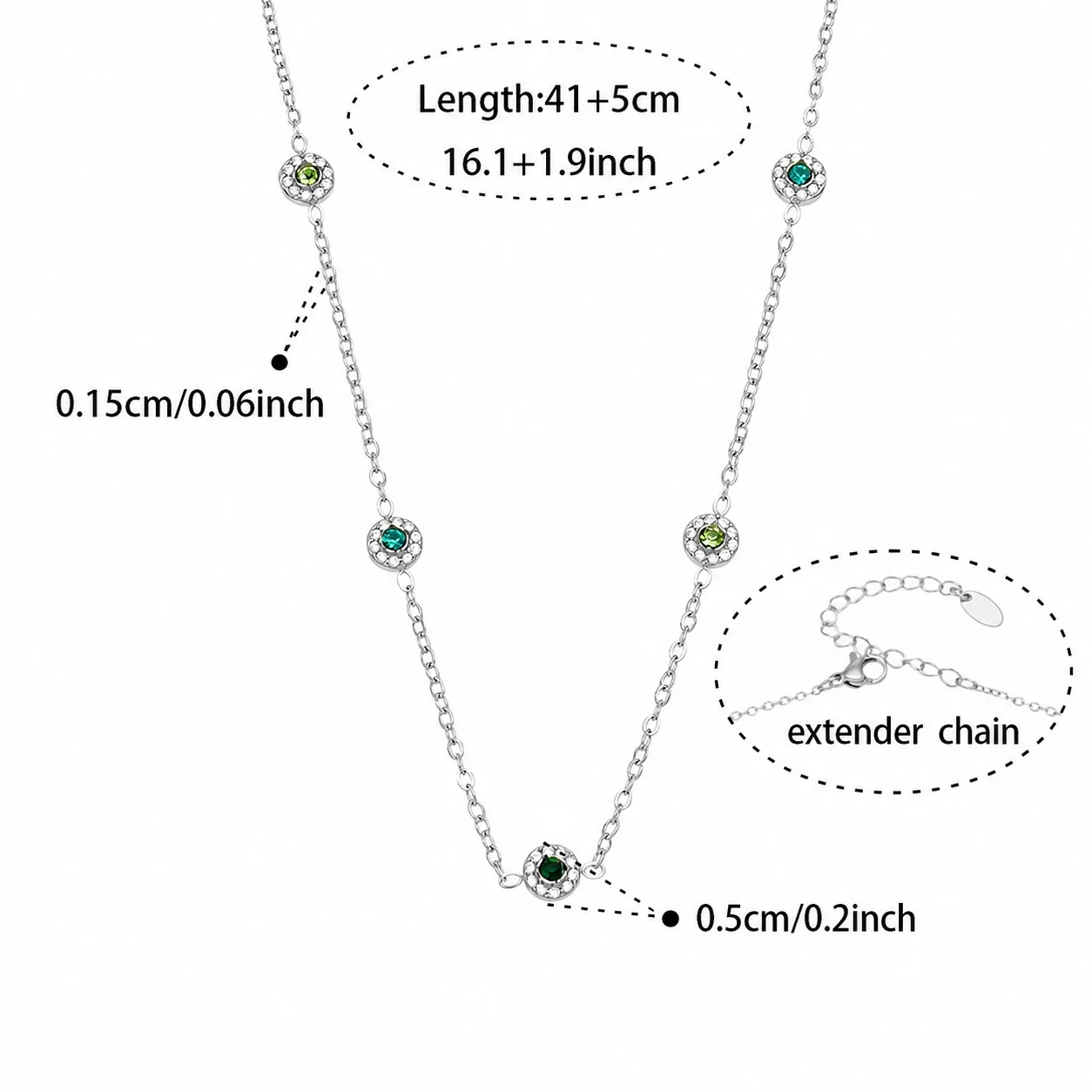 Delicate 18K Gold-Plated Round CZ Station Chain Bracelet - Silver Green CZ 41+5 cm