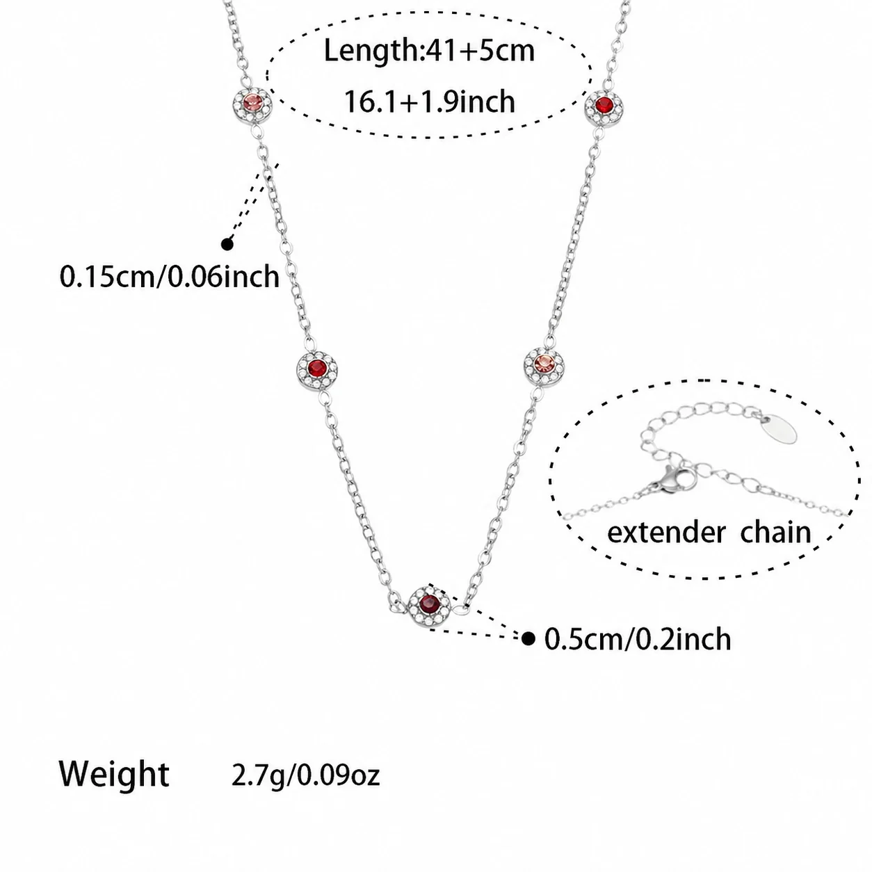 Delicate 18K Gold-Plated Round CZ Station Chain Bracelet - Silver Red CZ 41+5 cm