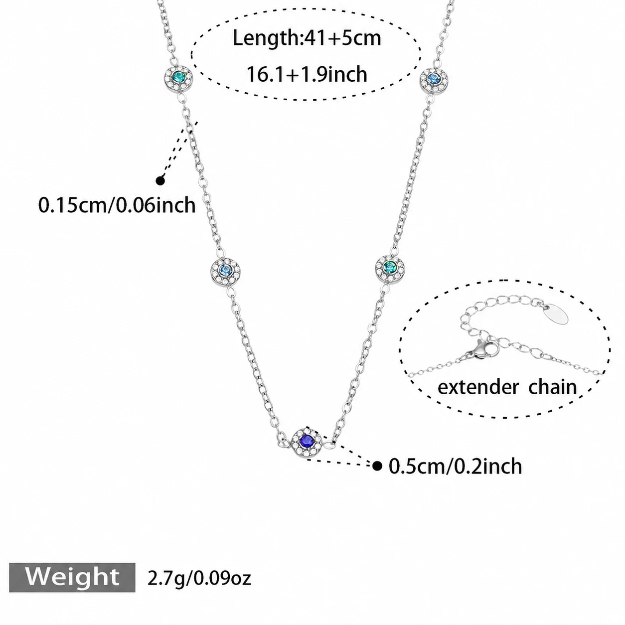 Delicate 18K Gold-Plated Round CZ Station Chain Bracelet - Silver Blue CZ 41+5 cm