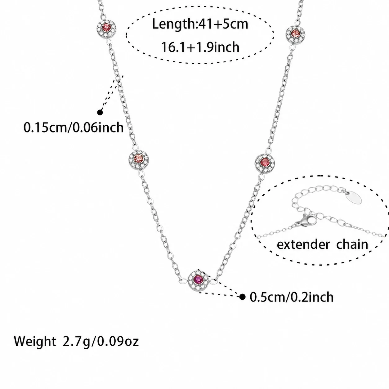 Delicate 18K Gold-Plated Round CZ Station Chain Bracelet - Silver Pink CZ 41+5 cm